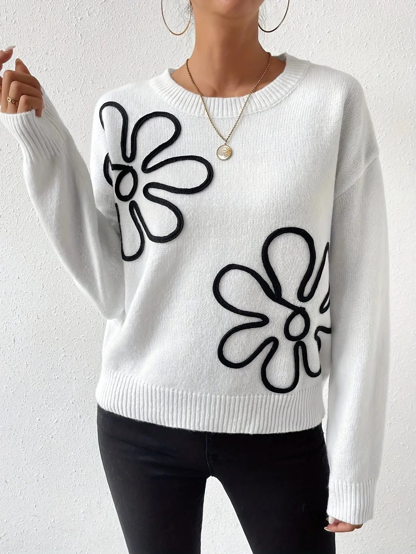 Floral Pattern Crew Neck Sweater, Elegant Drop Shoulder Long Sleeve Sweater For Fall & Winter, Women's Clothing MyFave Boutique