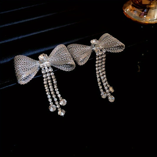 Exquisite Bow Design Full Shiny Rhinestone Inlaid Tassel Dangle Earrings Elegant Luxury Style Delicate Female Gift MyFave Boutique