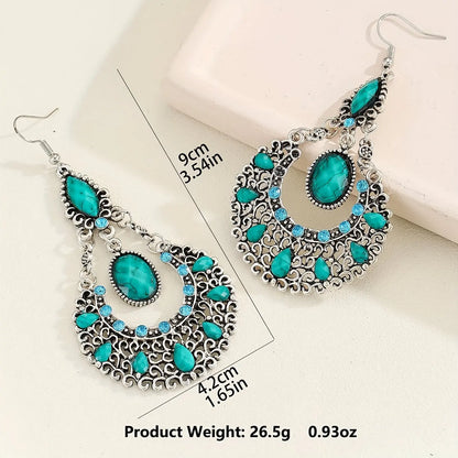 1 Pair Of Luxurious Dangle Earrings With Rhinestone And Turquoise Texture, Vintage Bohemian Style, Eye-Catching Shiny Statement Jewelry For Women MyFave Boutique