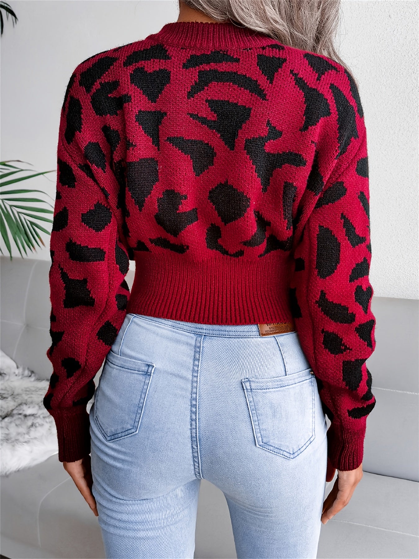 Women's Leopard Print Crop Sweater - Cozy Crew Neck Long Sleeve Top for Fall & Winter MyFave Boutique