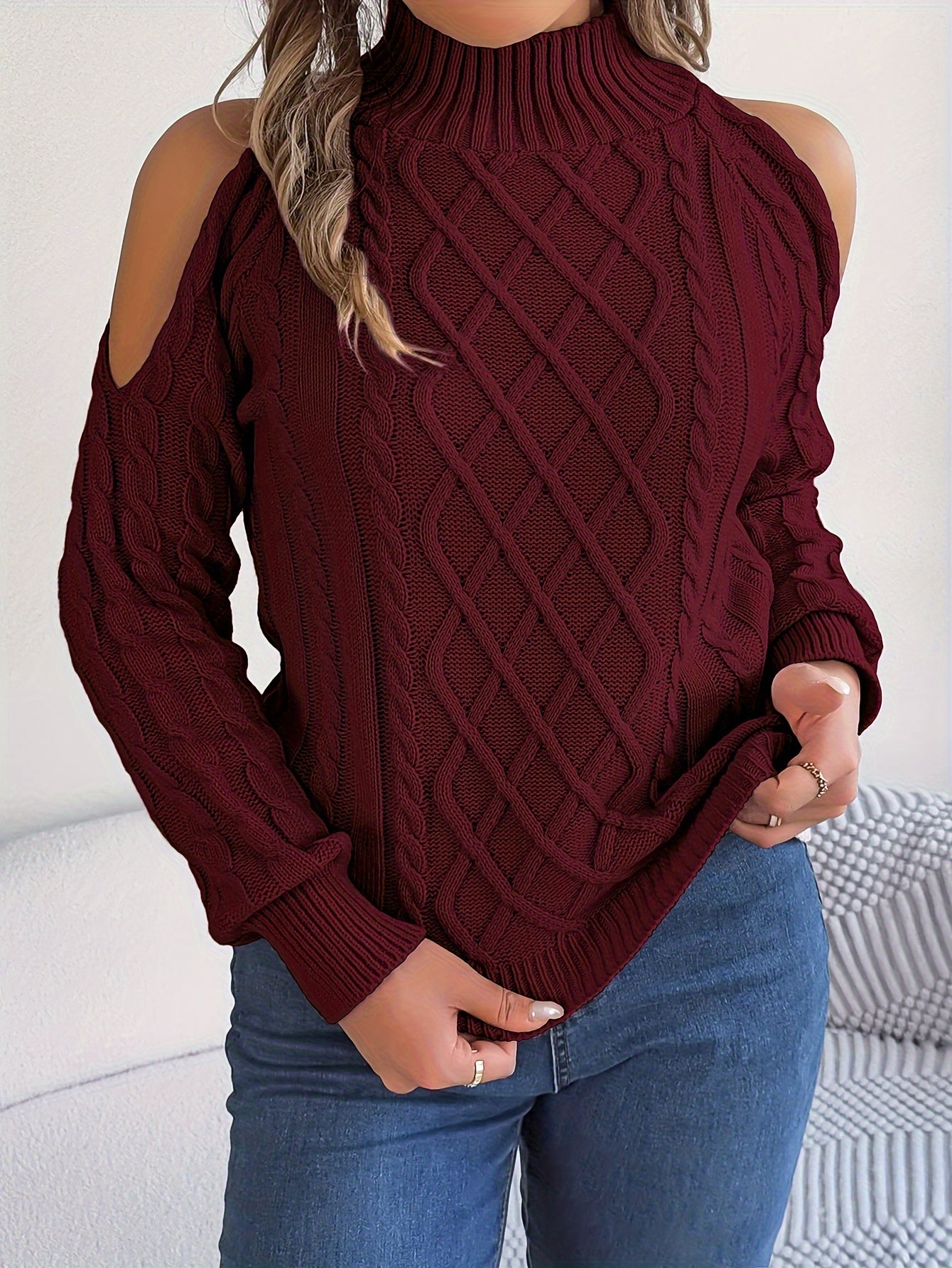 Solid Turtle Neck Cable Knit Sweater, Casual Cold Shoulder Long Sleeve Sweater, Women's Clothing MyFave Boutique