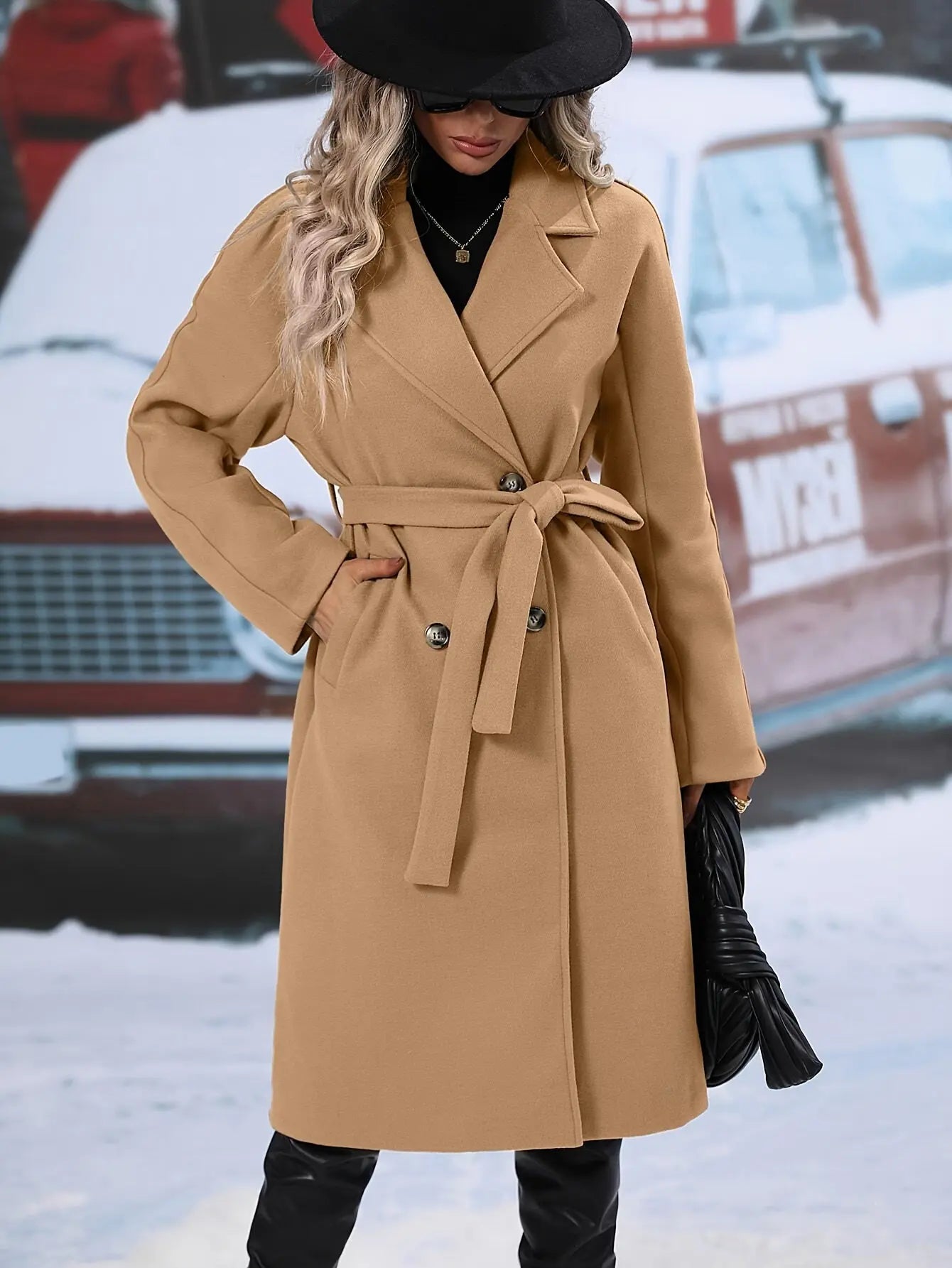 Classic Double-Breasted Belted Wool Coat for Women, Elegant Solid Color Fall Winter Overcoat MyFave Boutique