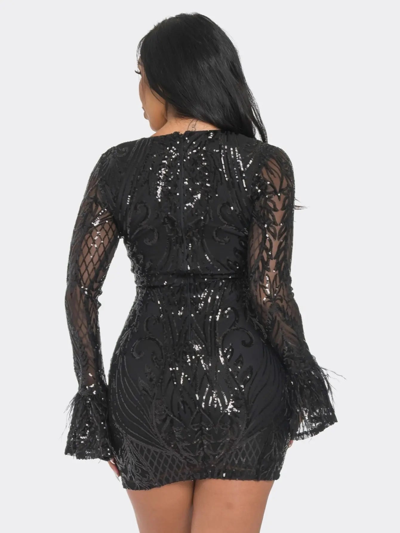 Elegant Long-Sleeve Sequin Mini Dress with Feather Trim Perfect for Glamorous Events MyFave Boutique