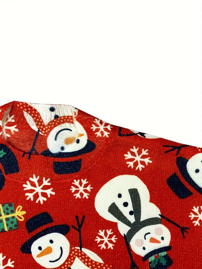 Elegant Crew Neck Snowman Print Long Sleeve Sweater - Women's Fall/Winter Knitted Pullover, Polyester Blend with Acrylic & Nylon, Christmas Pattern MyFave Boutique