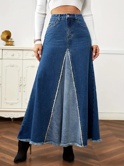 Two Tone Patchwork Denim Midi Skirt, Frayed Hem Slant Pockets Chic Denim Skirt, Women's Denim Clothing MyFave Boutique