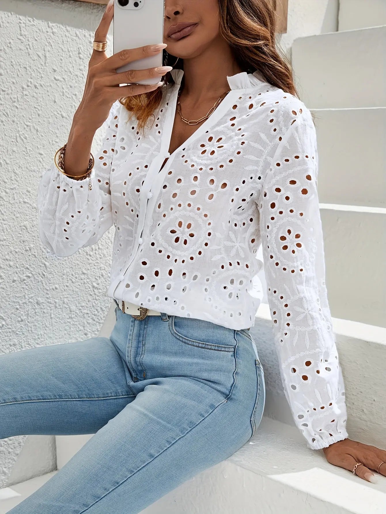 Solid Hollow Out Button Blouse, Casual Lantern Sleeve Notched Neck Blouse For Spring & Fall, Women's Clothing MyFave Boutique