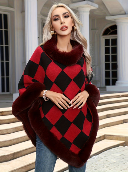 Chic Plaid Print Faux Fur Trim Poncho with Thermal Hanky Hem for Women's Clothing MyFave Boutique