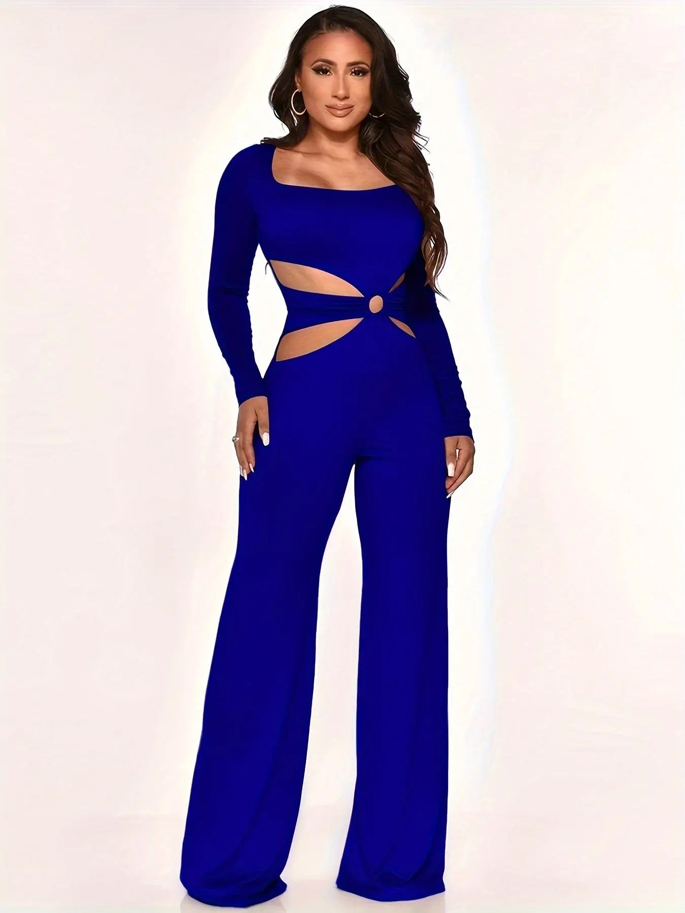 Cut Out Square Neck Wide Leg Jumpsuit, Elegant Long Sleeve Slim Jumpsuit For Party & Club, Women's Clothing MyFave Boutique