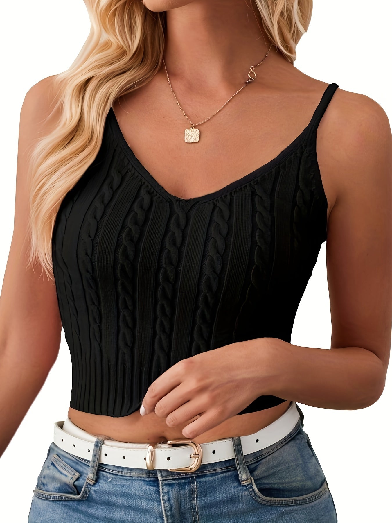 Cable Knit V Neck Cami Top, Y2K Backless Crop Top For Summer, Women's Clothing MyFave Boutique