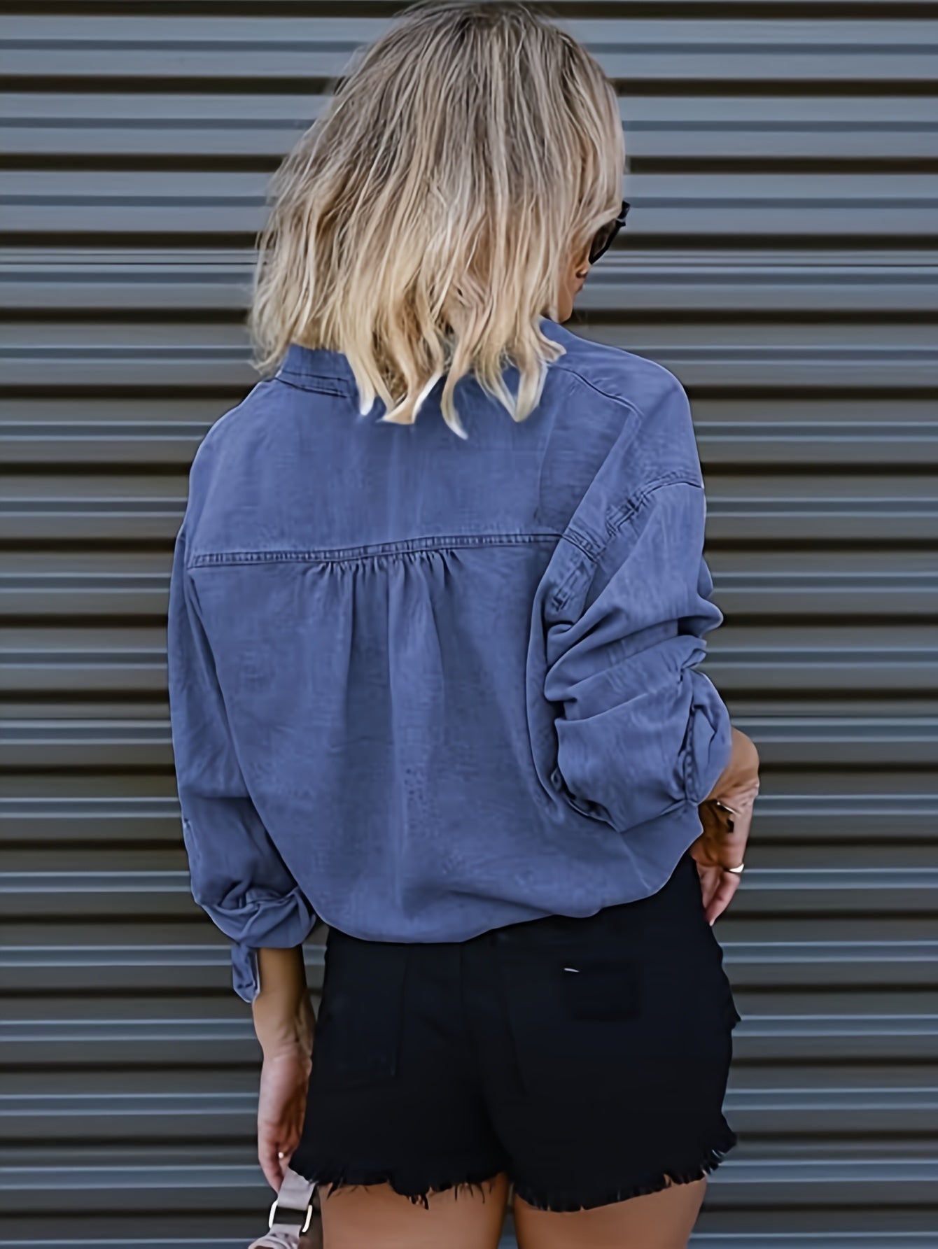 Women's Cropped Denim Shirt Roll Up 3/4 Sleeve Casual Loose Crop Tops Drawstring Hem Button Front Jean Jacket MyFave Boutique