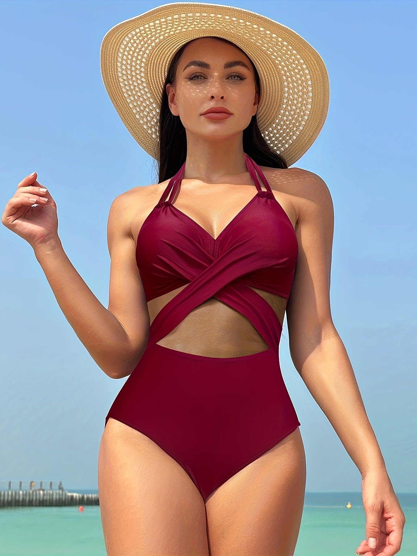 Solid Color Mesh Contrast Halter Crisscross Tie Neck Backless One-piece Swimsuit, Bathing Suits, Women's Swimwear & Clothing MyFave Boutique