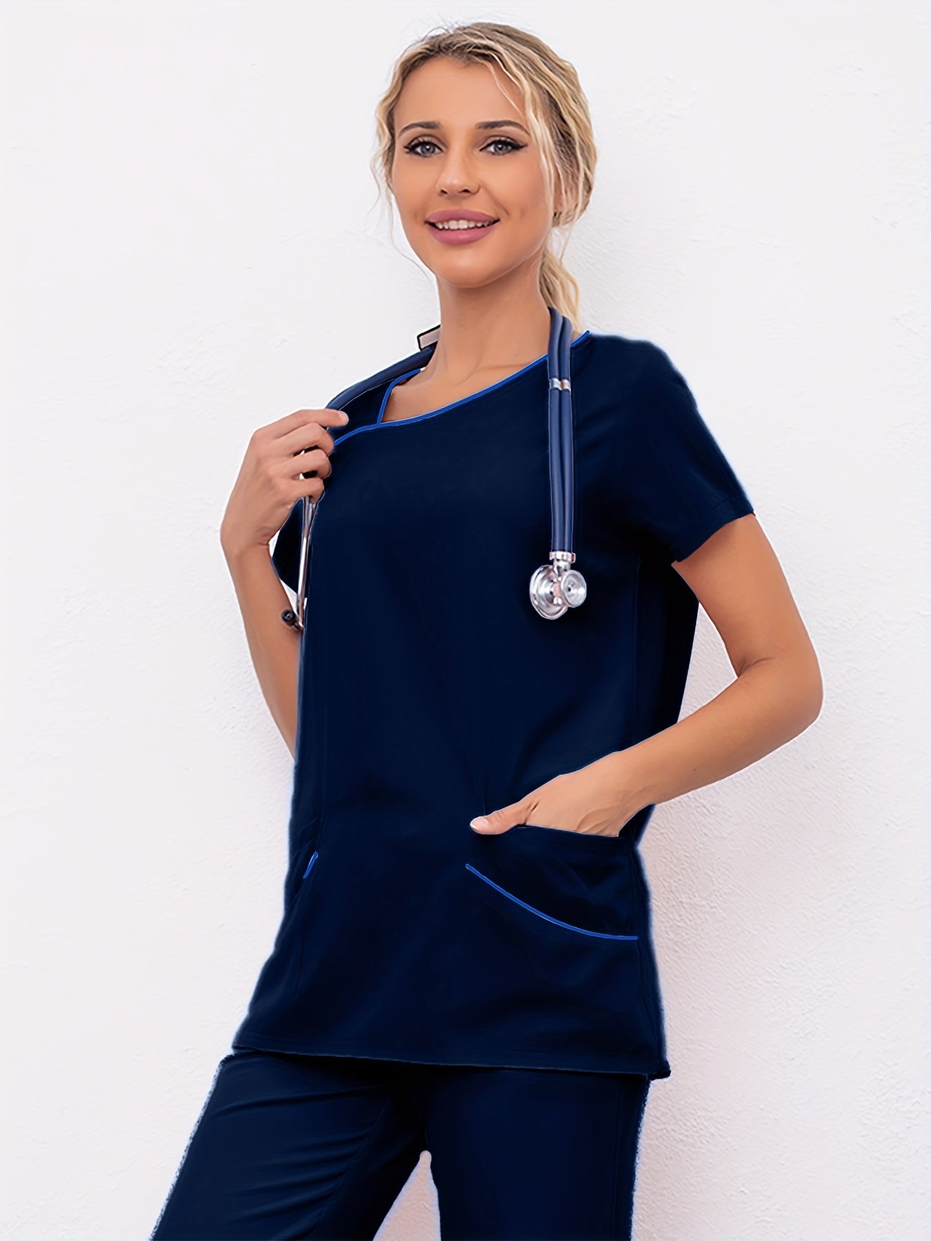 Solid V Neck Scrub T-shirt, Casual Short Sleeve Top For Medical & Health Care, Women's Working Clothing MyFave Boutique