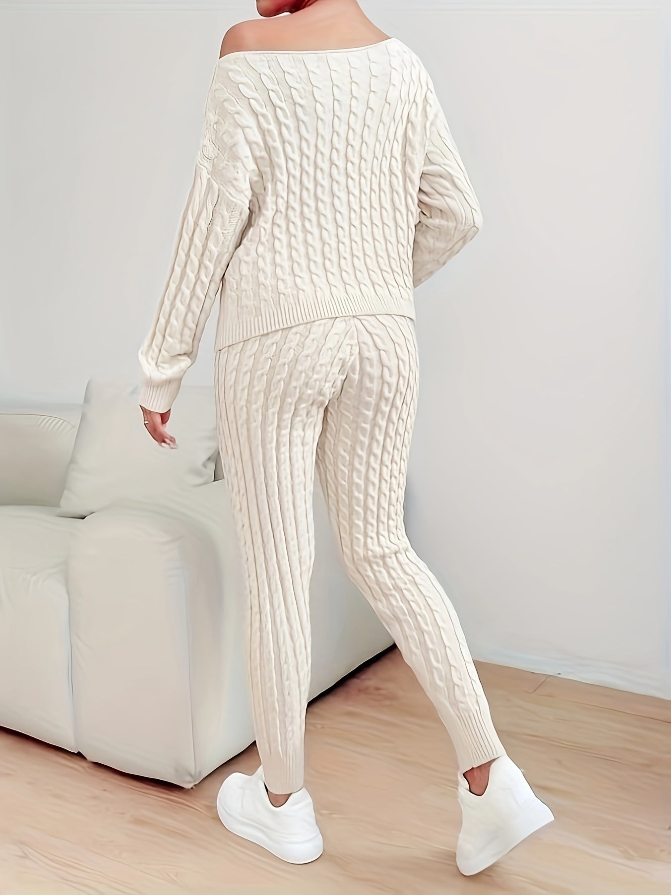 Cable Knit Solid Casual Two Piece Set, Long Sleeve Sweater & Skinny Pants Outfits, Women's Clothing MyFave Boutique