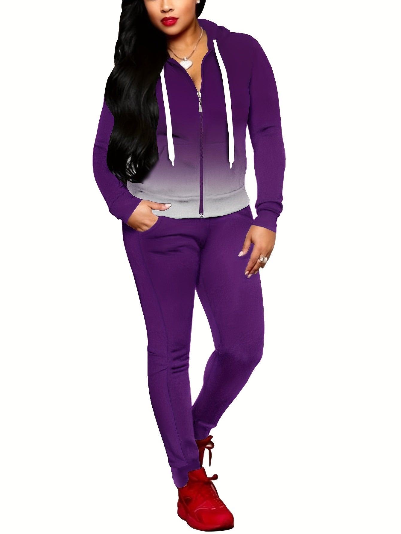 Women's Casual Ombre Hoodie and High-Waist Pants Set - Polyester Blend Tracksuit with Long Sleeves, Knit, Pocket Detail, Elasticized Fabric (95% Polyester, 5% Elastane), Regular Fit Two-Piece Loungewear for Fall/Winter MyFave Boutique