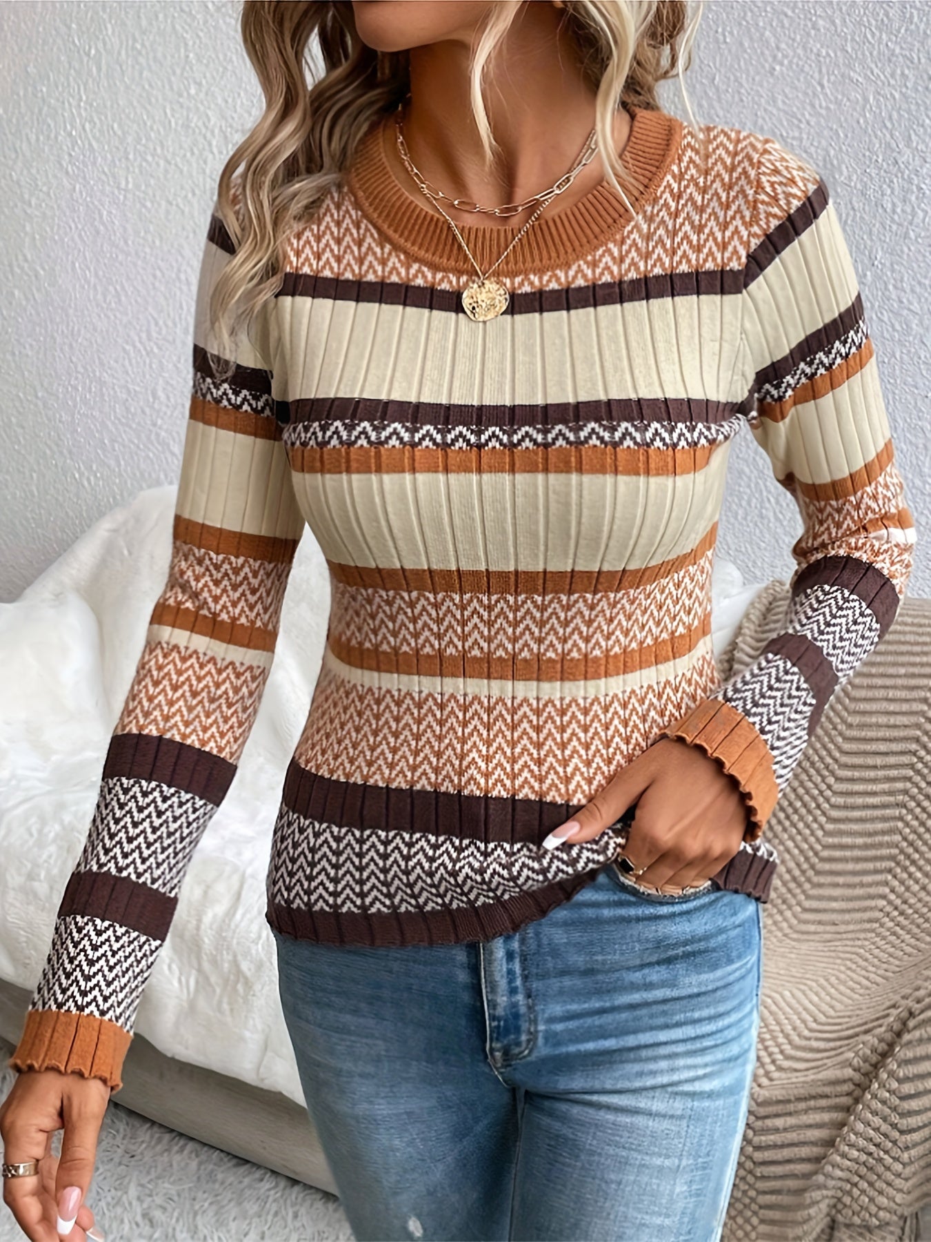 Striped Crew Neck Knitted Sweater, Elegant Long Sleeve Slim Pullover Sweater For Fall & Winter, Women's Clothing MyFave Boutique