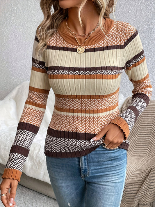 Striped Crew Neck Knitted Sweater, Elegant Long Sleeve Slim Pullover Sweater For Fall & Winter, Women's Clothing MyFave Boutique