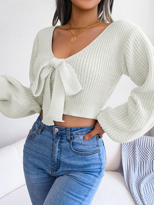 Bowknot V Neck Cropped Sweater, Casual Lantern Long Sleeve Loose Fall Winter Cropped Knit Sweater, Women's Clothing MyFave Boutique