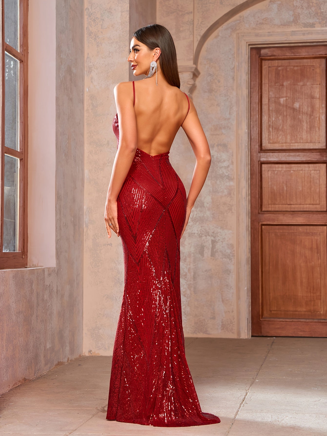 Elegant Bodycon Sequined Dress, Sleeveless V Neck Floor Length Dress For Party & Banquet, Women's Clothing MyFave Boutique