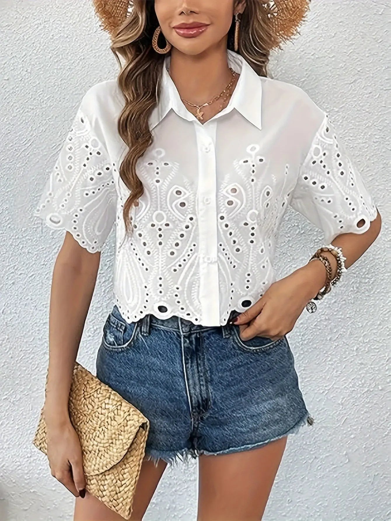 Eyelet Embroidered Button Front Shirt, Casual Short Sleeve Scallop Trim Shirt For Spring & Summer, Women's Clothing MyFave Boutique