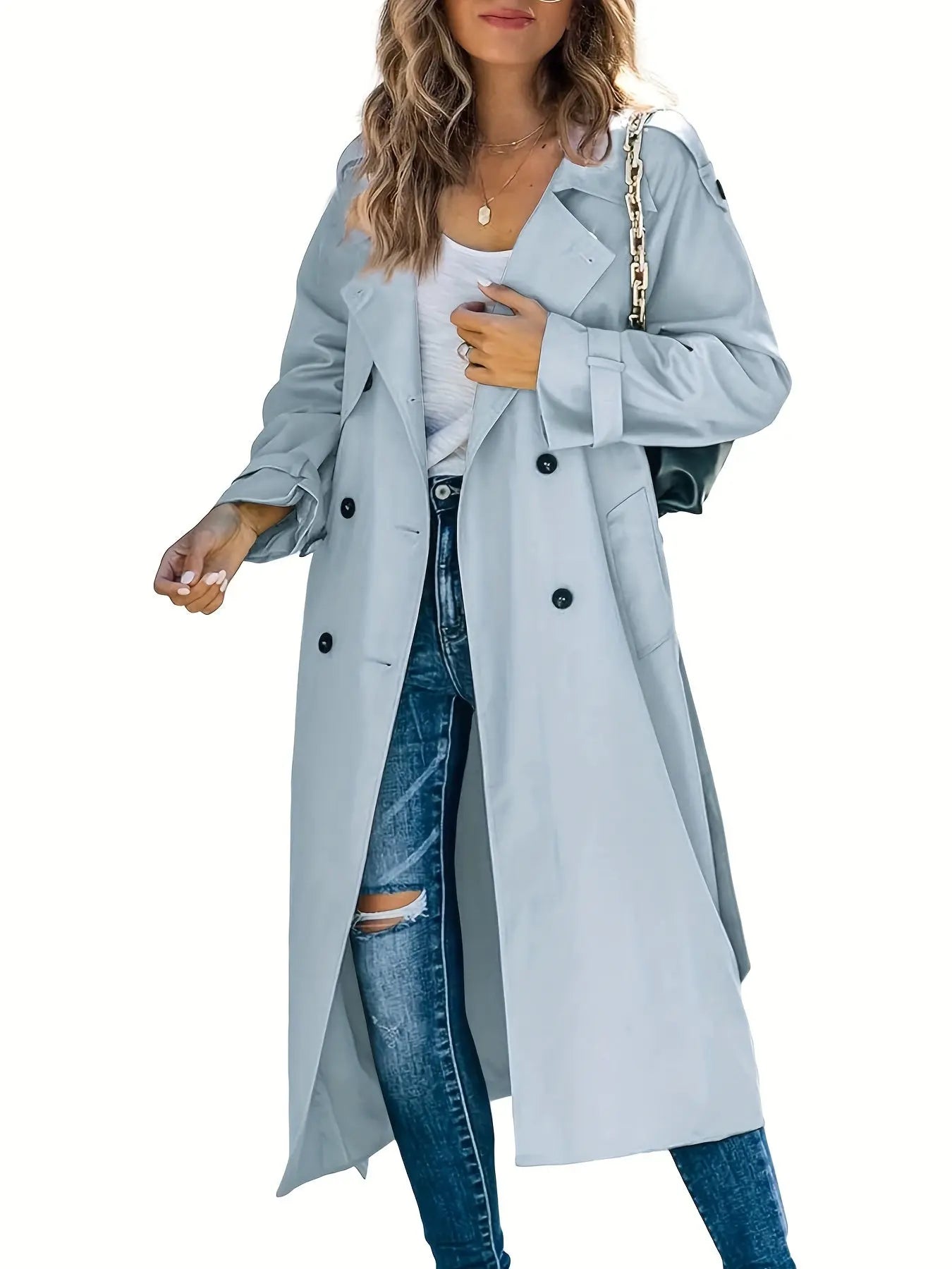 Double Breasted Lapel Trench Coat, Elegant Solid Color Belted Long Sleeve Outwear For Spring & Fall, Women's Clothing MyFave Boutique