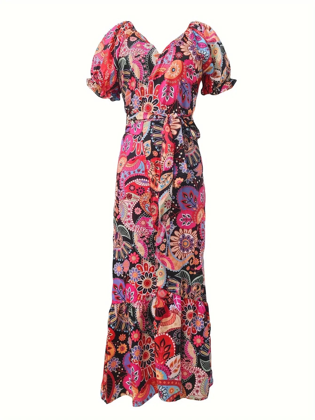 Floral Print Split Hem Dress, Elegant V Neck Short Sleeve Dress For Spring & Summer, Women's Clothing MyFave Boutique