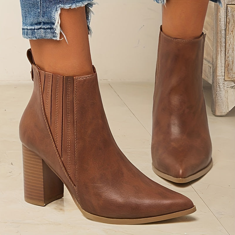 Trendy Women's Slip-On Chunky Heel Ankle Boots - Pointed Toe Chelsea Style for Casual Comfort and Style MyFave Boutique