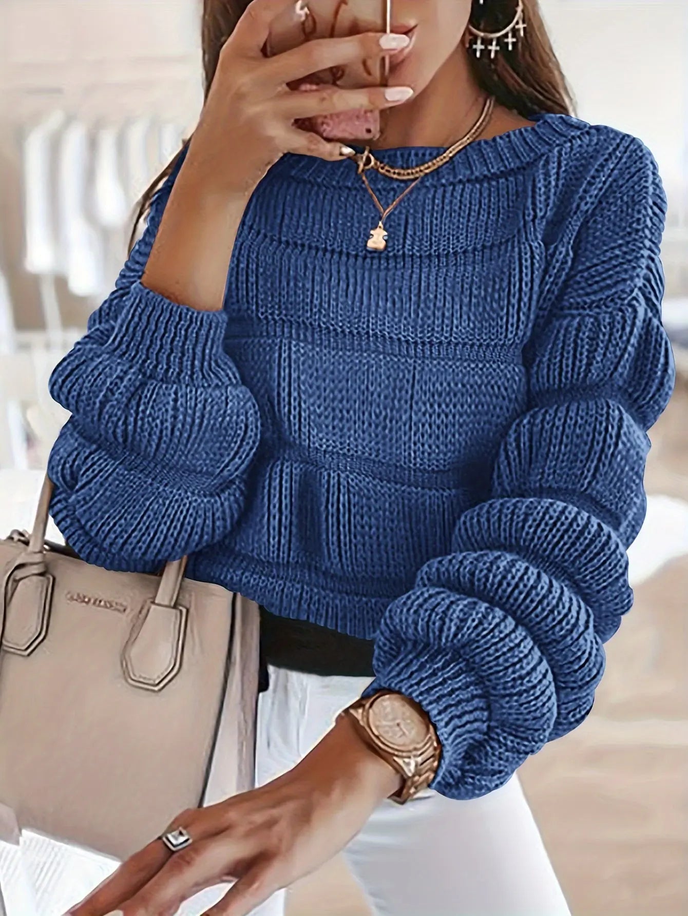 Women's 2024 Fall Sweaters Casual Crew Neck Pullover Long Puff Sleeve Loose Plain Chunky Knit Cute Blouse Tops MyFave Boutique