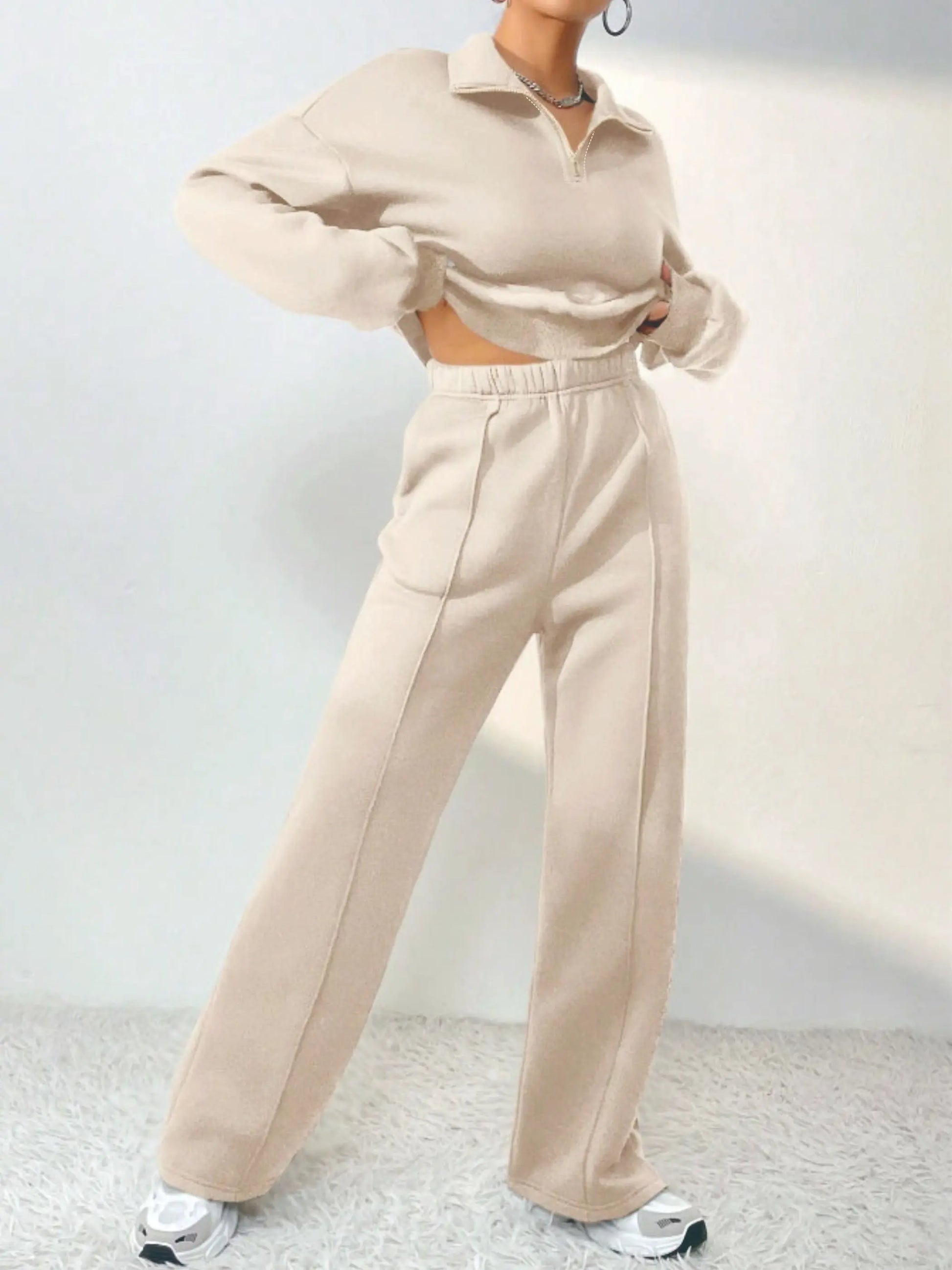 Solid Color Casual Pantsuits, Quarter Zip Drop Shoulder Long Sleeve Sweatshirt & Elastic High Waist Pants Outfits, Women's Clothing MyFave Boutique