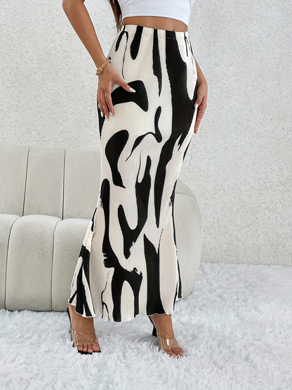 Abstract Print Ribbed Skirts, Casual Elastic Waist Midi Skirts, Women's Clothing MyFave Boutique