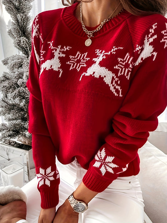 Women's Christmas Crew Neck Pullover Sweater - Cozy Long Sleeve Raglan Shoulder Sweater for Casual Wear and Festive Celebrations MyFave Boutique