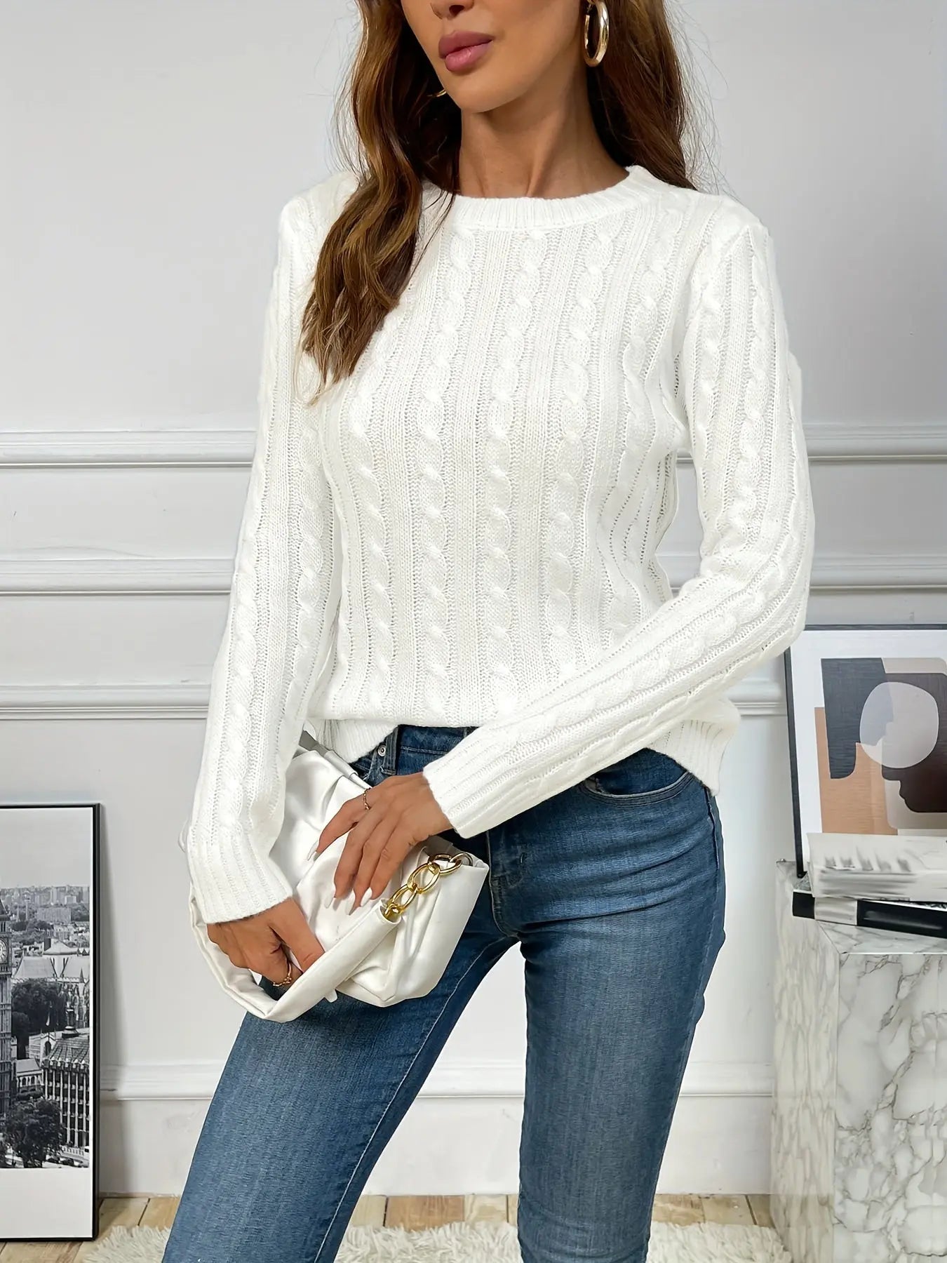 Cable Knitted Crew Neck Sweater, Casual Long Sleeve Pullover Sweater For Fall & Winter, Women's Clothing MyFave Boutique