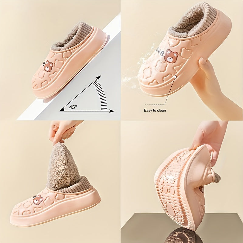 Cute Bear Waterproof Slippers, Cozy & Warm Plush Lined Slip On Shoes, Winter Indoor & Outdoor Slippers MyFave Boutique