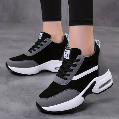 Women's Colorblock Lace-Up Sneakers, Round Toe Non-Slip Heightening Trainers for Outdoor Sports MyFave Boutique