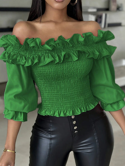 Off-Shoulder Ruffle Trim Shirred 3/4 Sleeve Top for Women, Elegant Spring/Summer Blouse MyFave Boutique