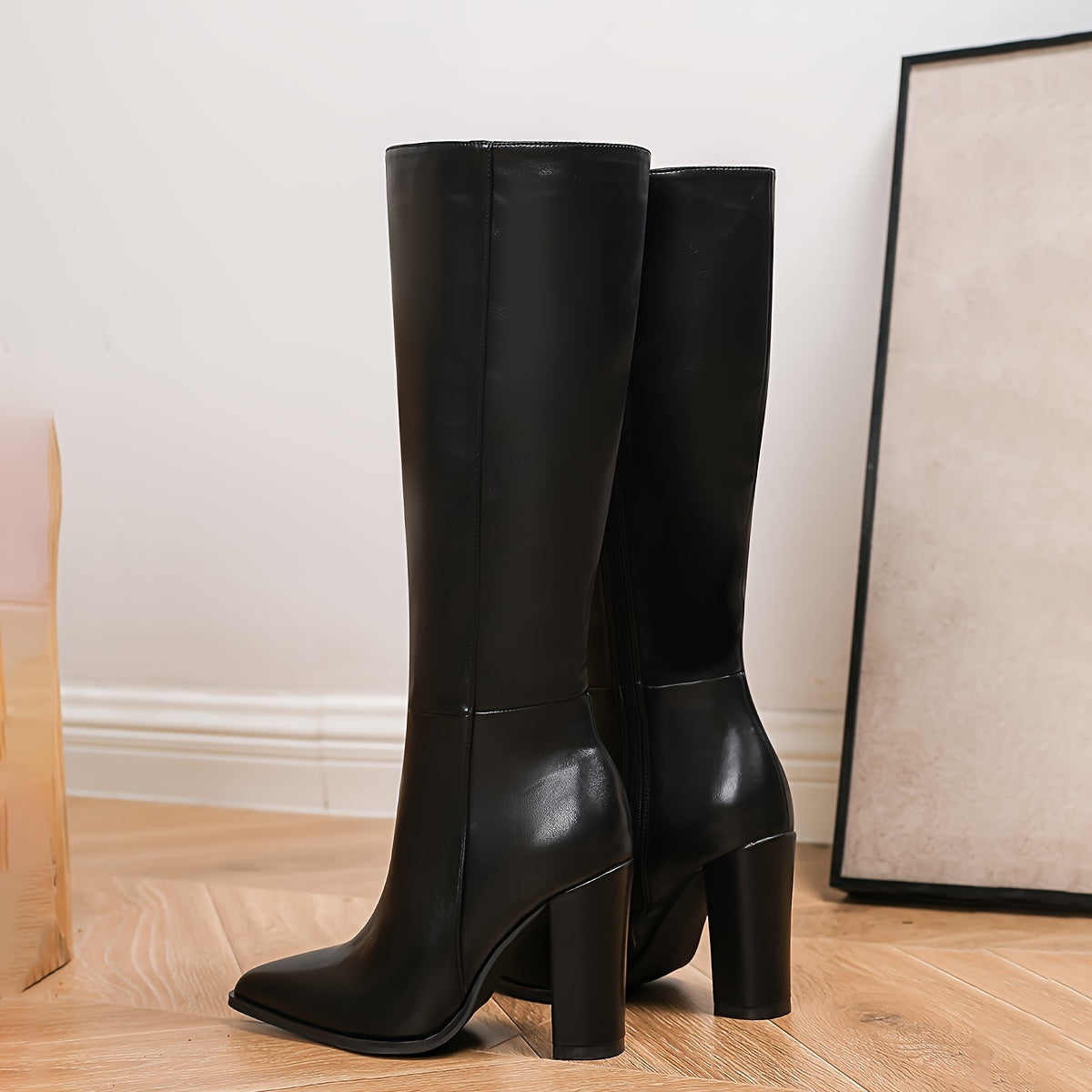 Chic Women's Black Knee-High Boots With Side Zipper - Pointed Toe, Chunky Heel, Faux Cover For Fall & Winter MyFave Boutique