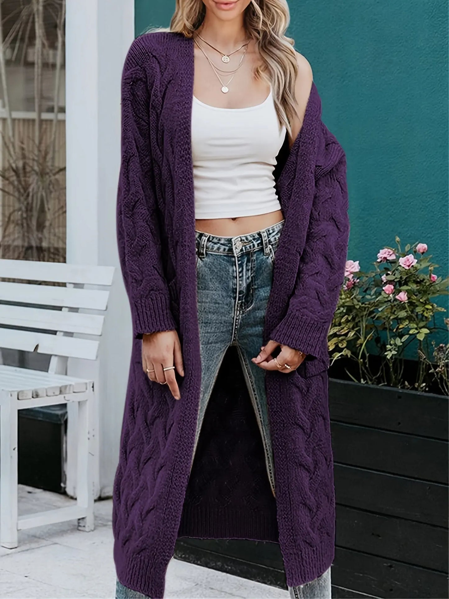 Cable Knit Long Cardigan Coat for Women - Open Front Loose Sweater with Pockets MyFave Boutique