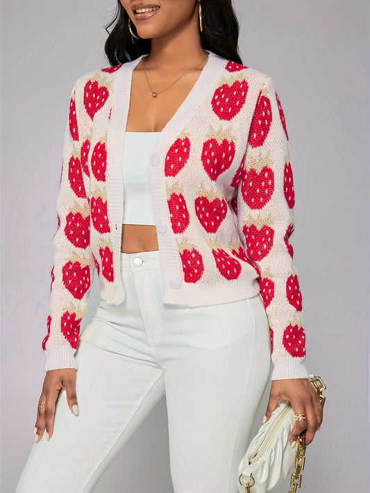 Strawberry Pattern Button Front Cardigan, Elegant Long Sleeve Drop Shoulder Outwear, Women's Clothing MyFave Boutique