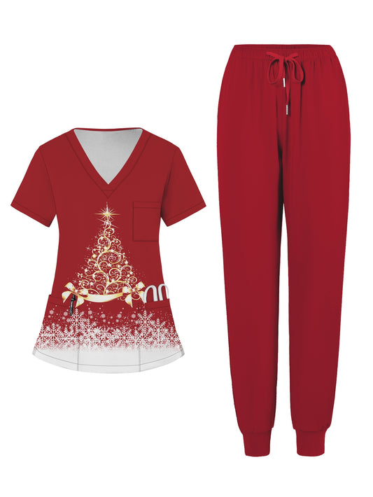 Festive Christmas Scrub Set for Women: V-Neck Top with Pocket and Snowflake Design, Paired with Red Pants - Perfect for Holiday Celebrations MyFave Boutique