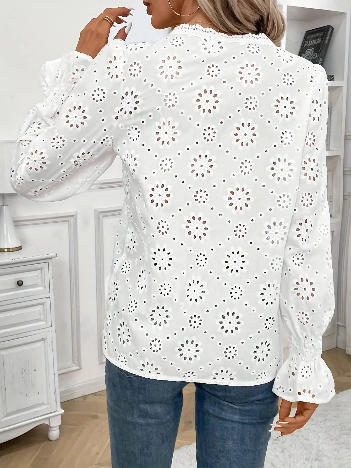 Solid V Neck Eyelet Blouse, Casual Bell Sleeve Blouse For Spring & Fall, Women's Clothing MyFave Boutique