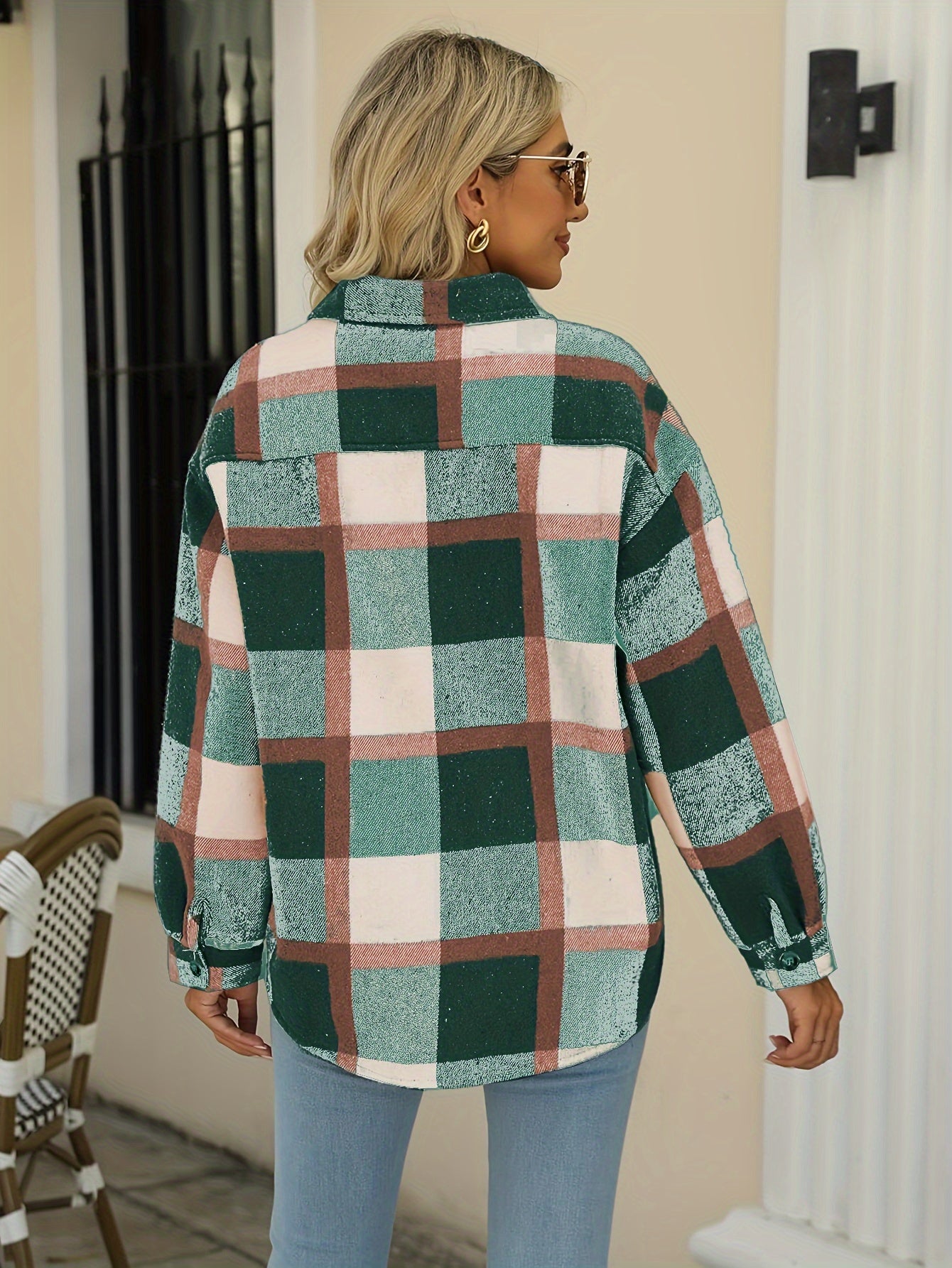 Plaid Print Button Front Jacket, Casual Lapel Neck Flap Pockets Long Sleeve Jacket For Winter & Fall, Women's Clothing MyFave Boutique