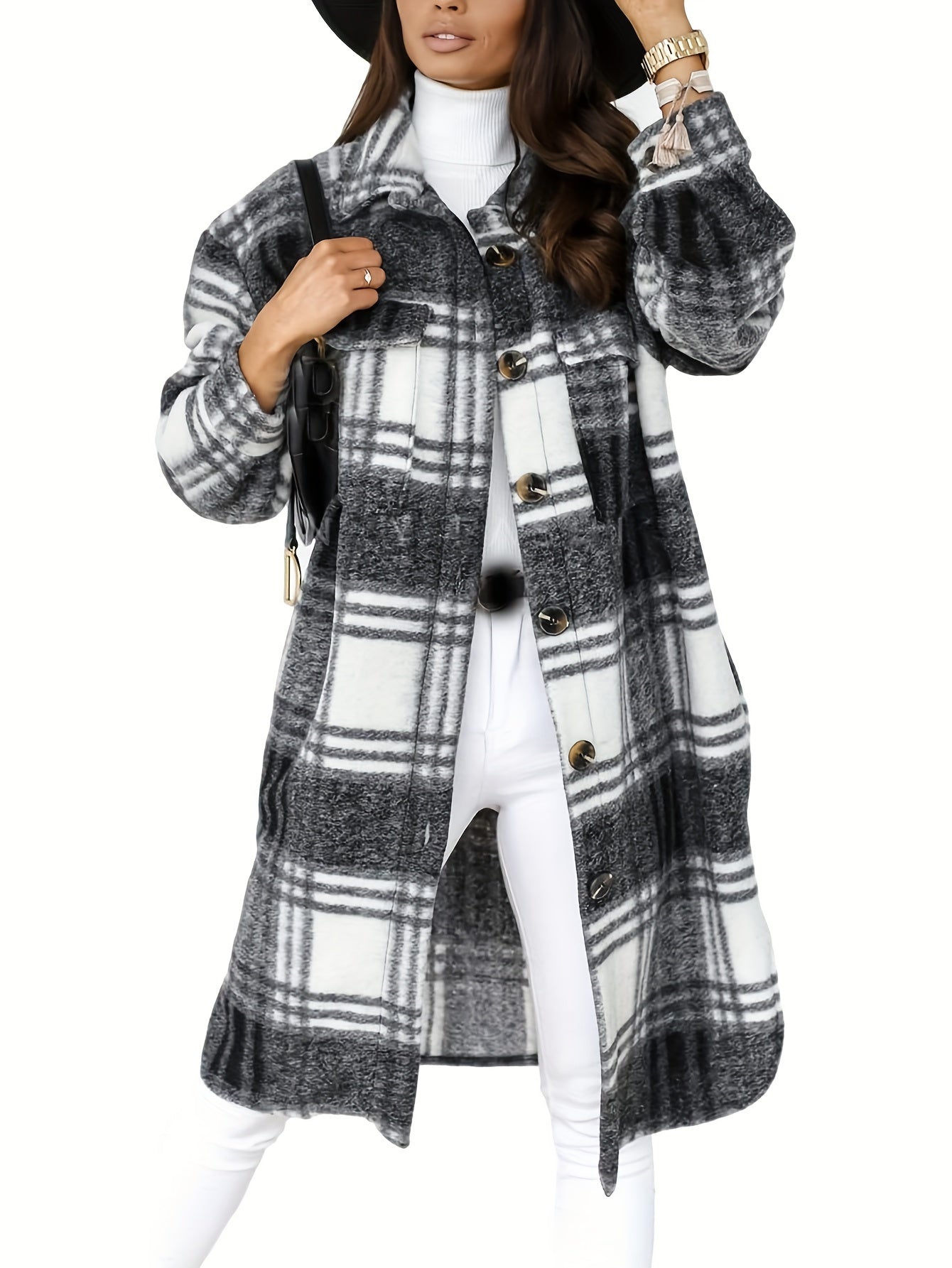 Women's Lounge Lapel Button Up Long Sleeve Plaid Long Shirt Jacket Shacket MyFave Boutique