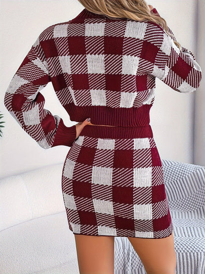 Plaid Pattern Knitted Two-piece Skirt Set, Crew Neck Long Sleeve Top & High Waist Skirts Outfits, Women's Clothing MyFave Boutique