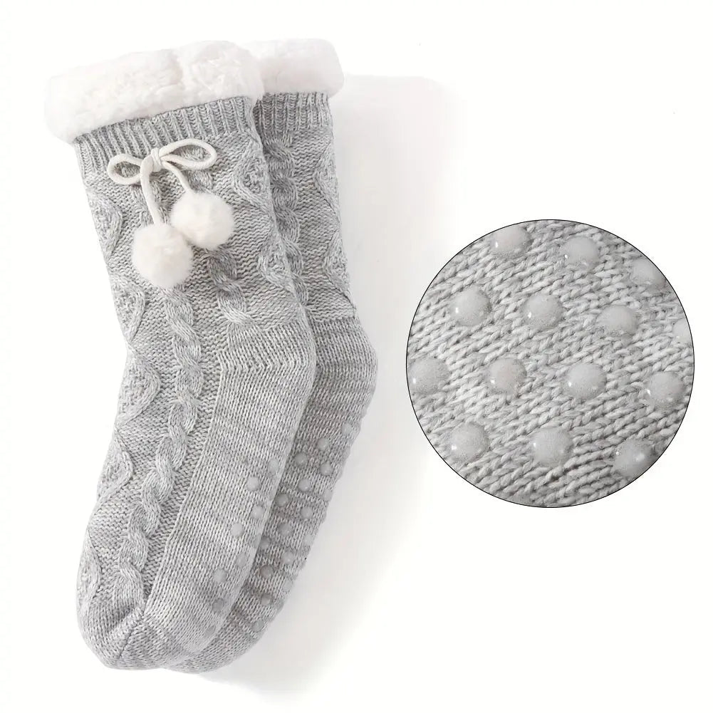 Women's Winter Thick Warm Knitted Socks with Non-Slip Rubber Dots, Plush Acrylic Floor Socks with Pom-Poms, Hand Washable - 1 Pair MyFave Boutique