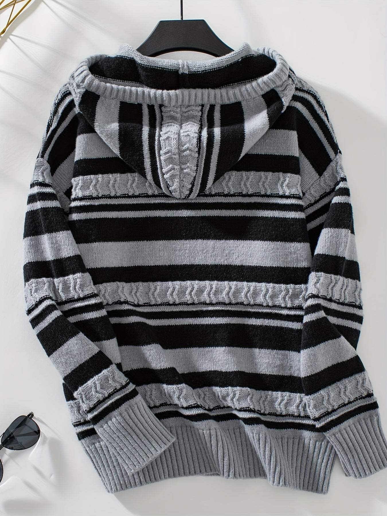 Stripe Pattern Drawstring Hoodie Sweater, Casual Long Sleeve Textured Sweater For Fall & Winter, Women's Clothing MyFave Boutique