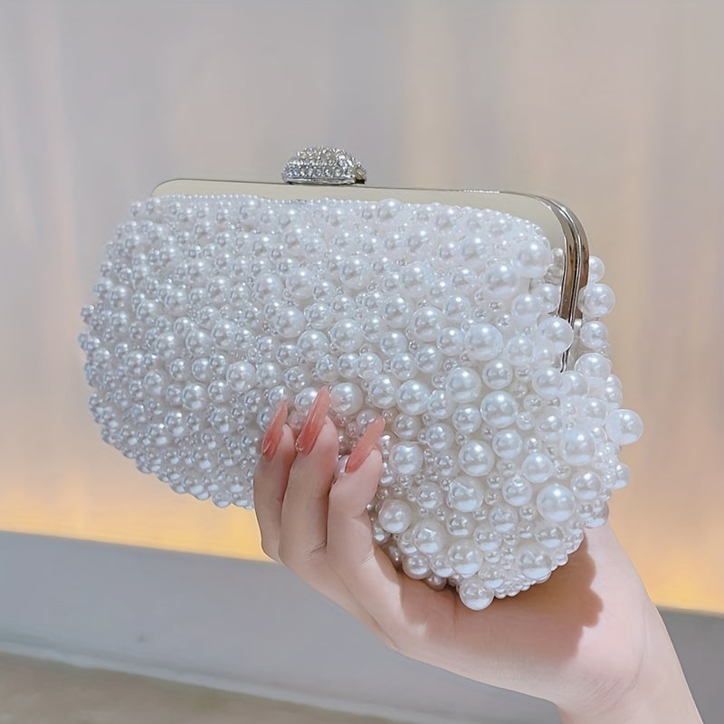 Elegant Faux Pearl Clutch Bag with Metal Chain and Floral Handle for Events, Parties, and Weddings MyFave Boutique