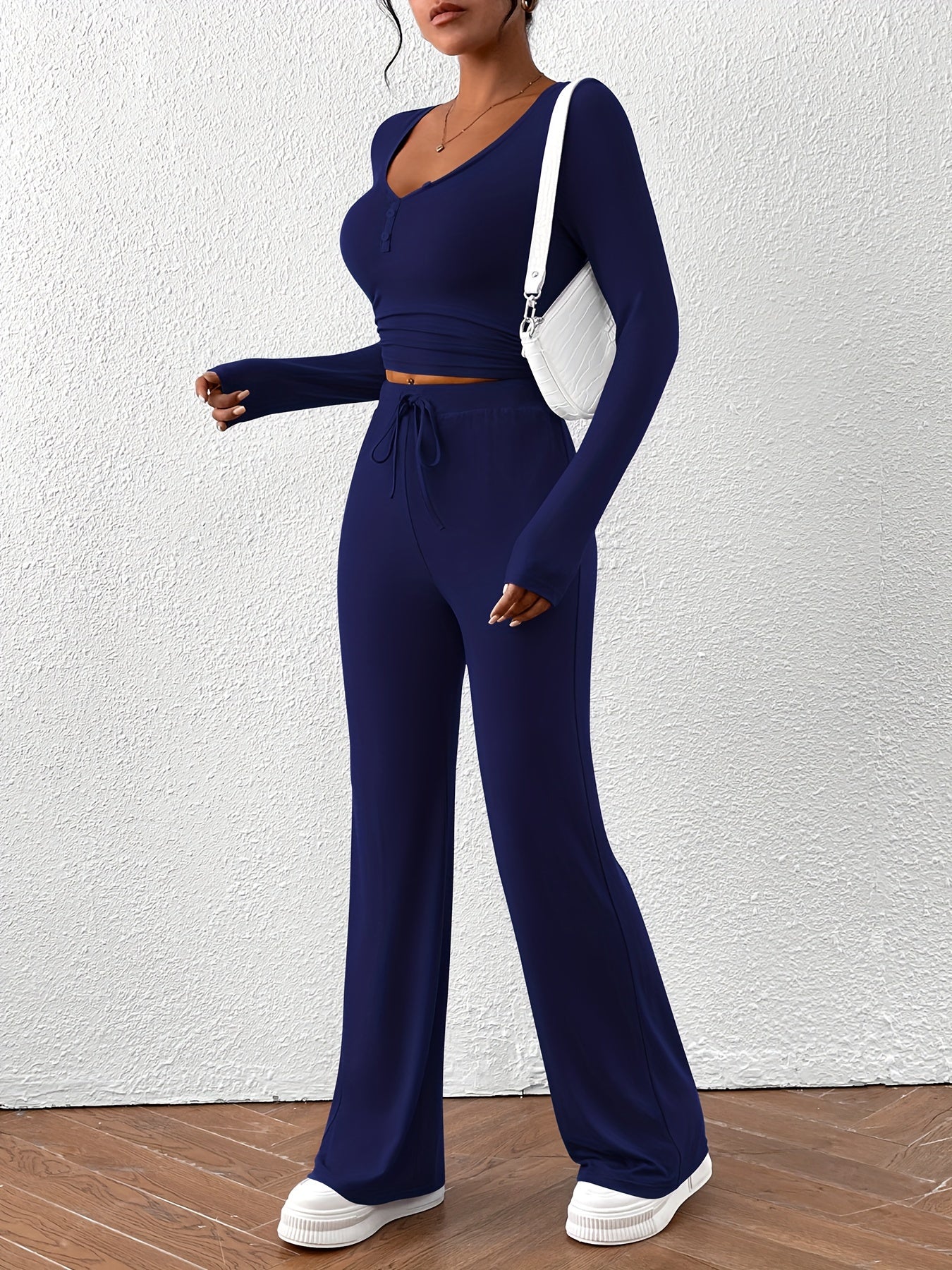 Women's Casual 2 Piece Outfits Long Sleeve V Neck Crop Tops Flare Pants Lounge Sets Tracksuit MyFave Boutique