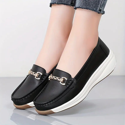 Women's Buckle Detail Loafers, Round Toe Slip-On Flats with Soft Sole, Solid Color MyFave Boutique