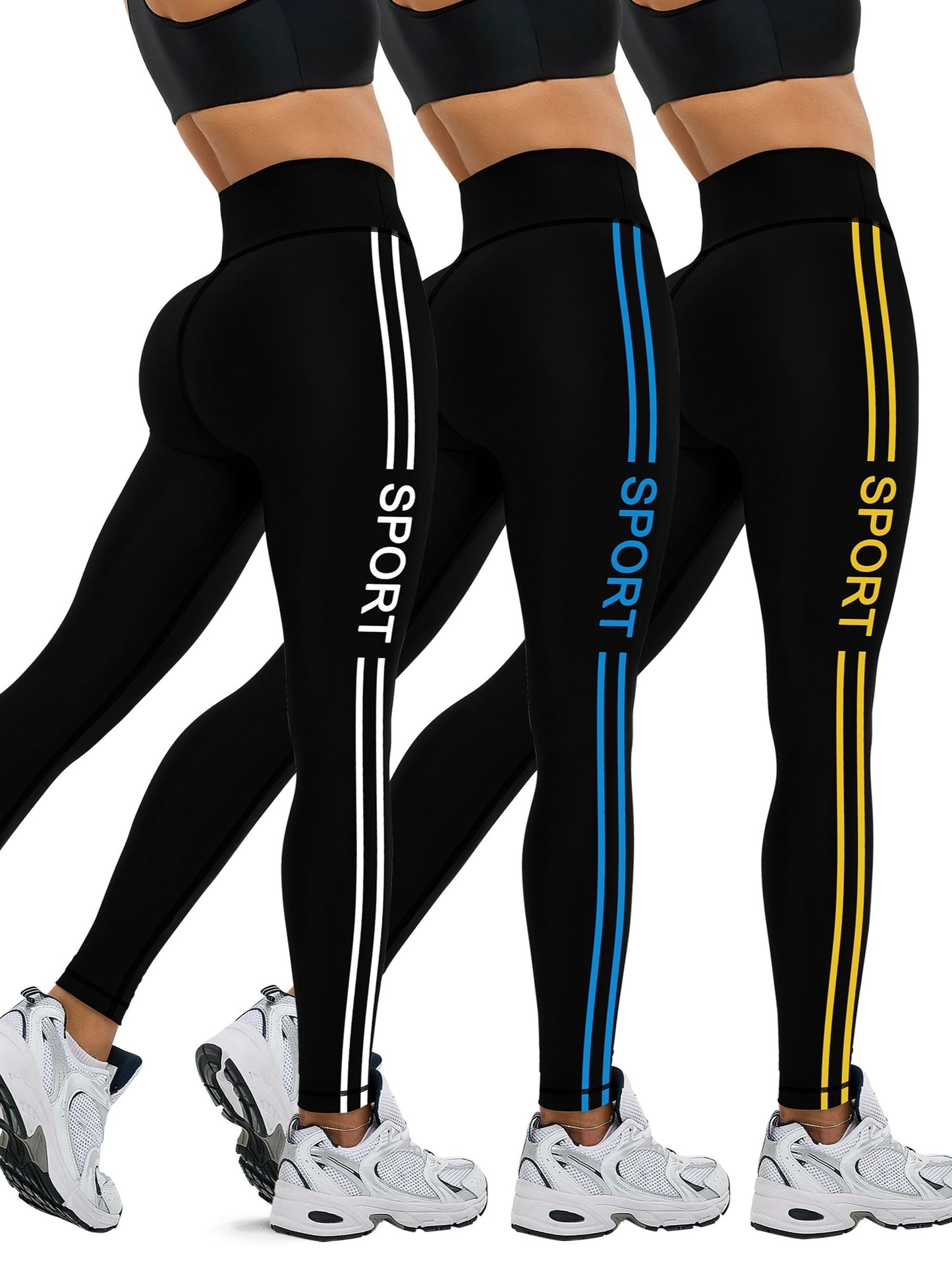 3-Pack Women's High-Waist Sport Leggings, Striped, Letter Print, Stretch, Gym, Fitness, Yoga Pants MyFave Boutique