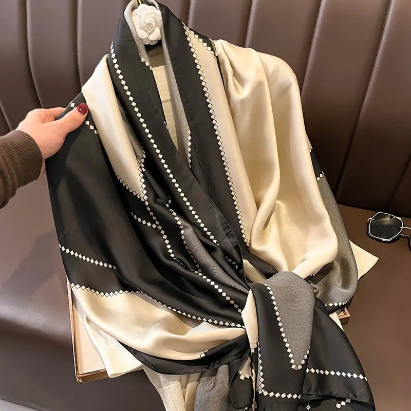 Black Grey Color Block Scarf, Elegant Satin Geometric Chain Print Outdoor Sunscreen Shawl Travel Head Wrap, Women Trendy Windproof Hair Accessories MyFave Boutique