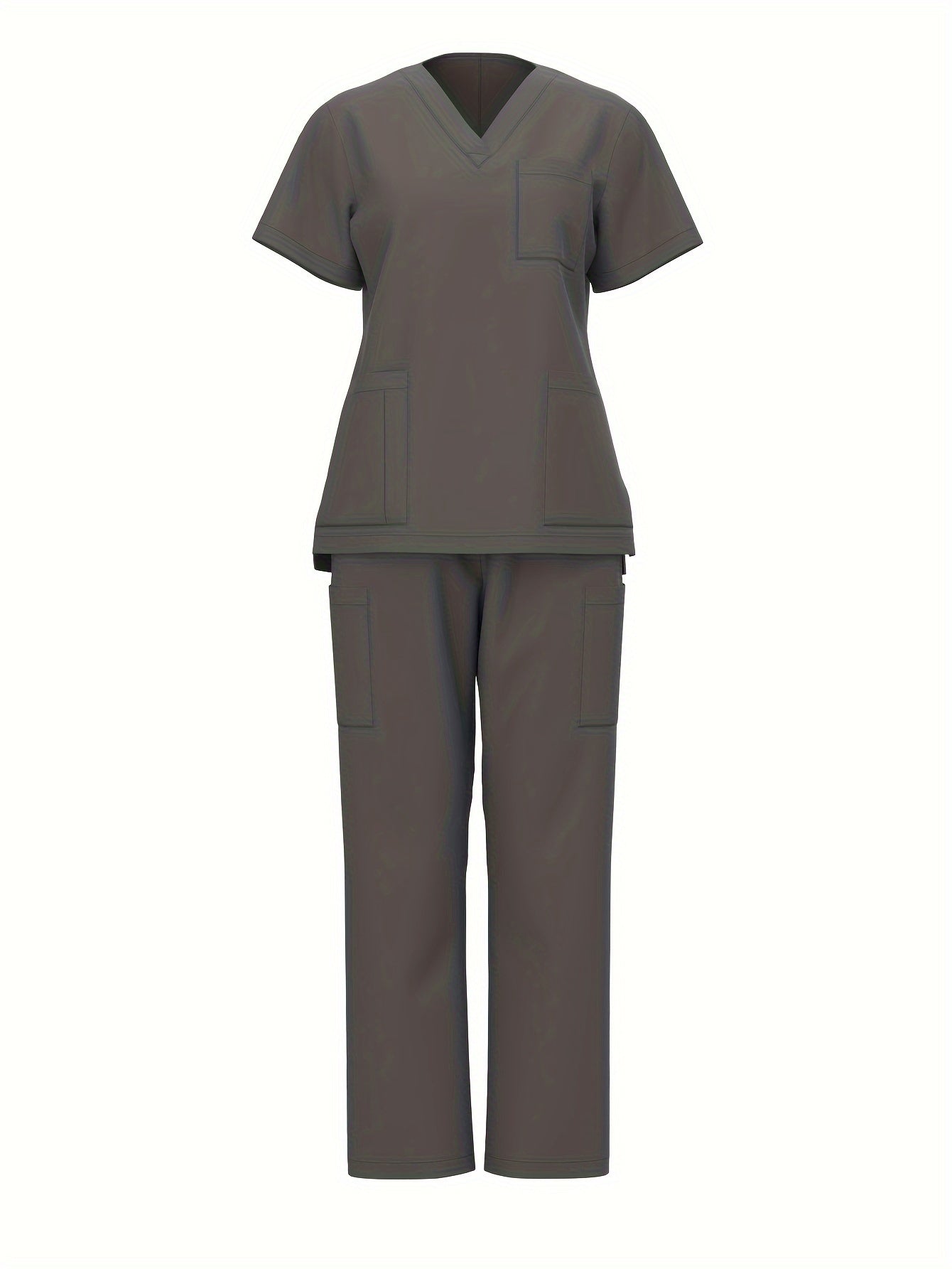 Solid Functional Two-piece Set, Patched Pockets V-neck Top & Straight Leg Pants Uniform Outfits, Women's Clothing MyFave Boutique